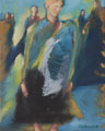 Ecke Karl-Marx 5, wartende Frau an einer Kreuzung, gemalt mit Ölfarben